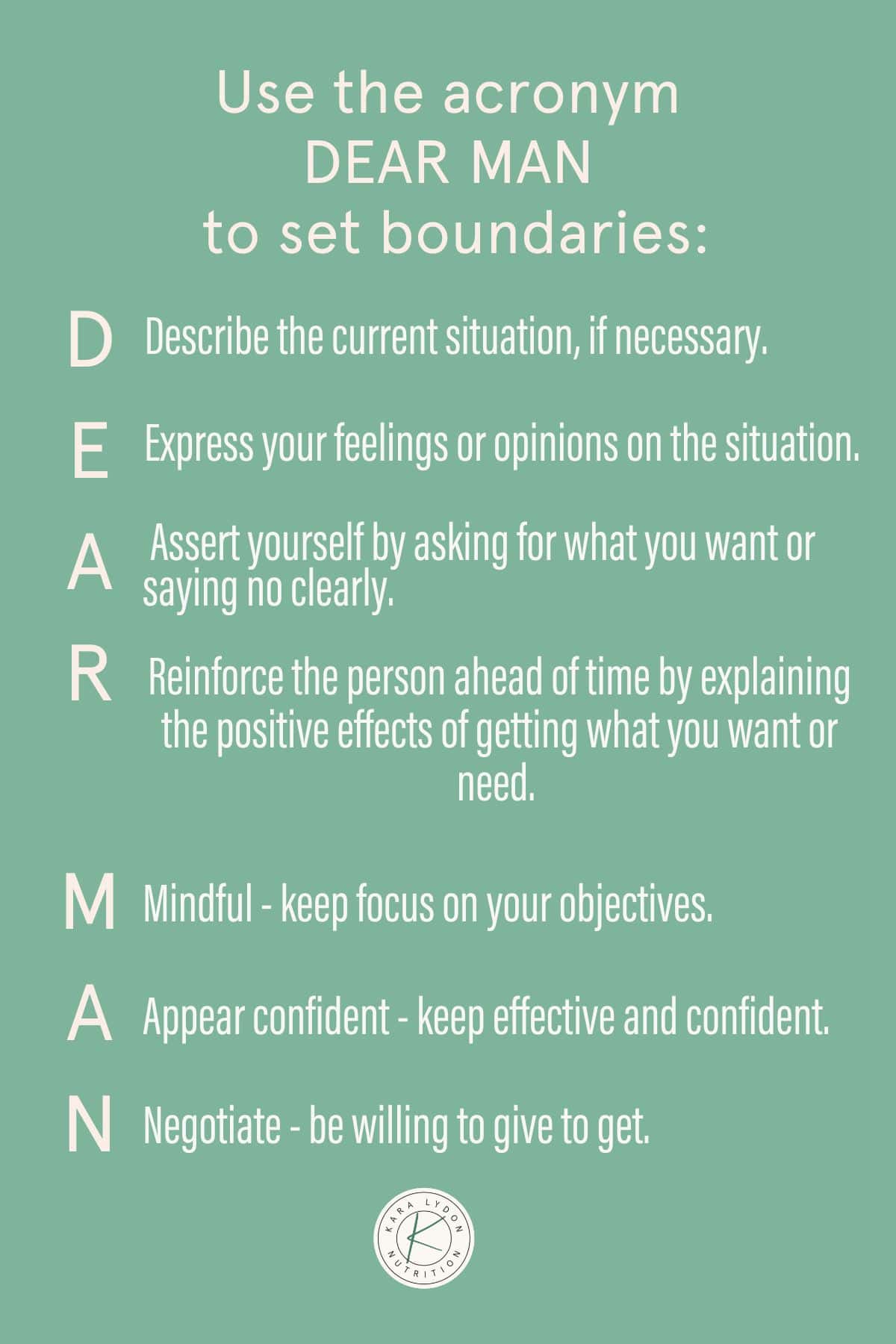 Graphic with quote: "Use the acronym DEAR MAN to set boundaries" and listing acronym components