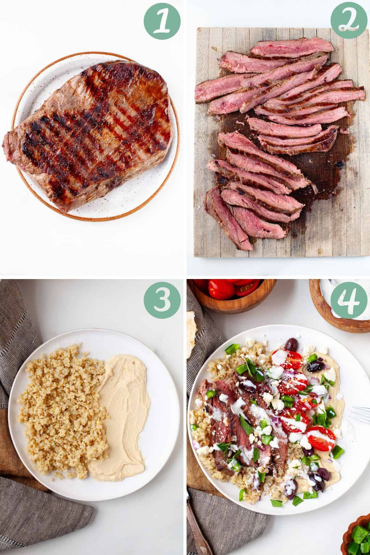 step by step graphic of how to make mediterranean steak grain bowls. 